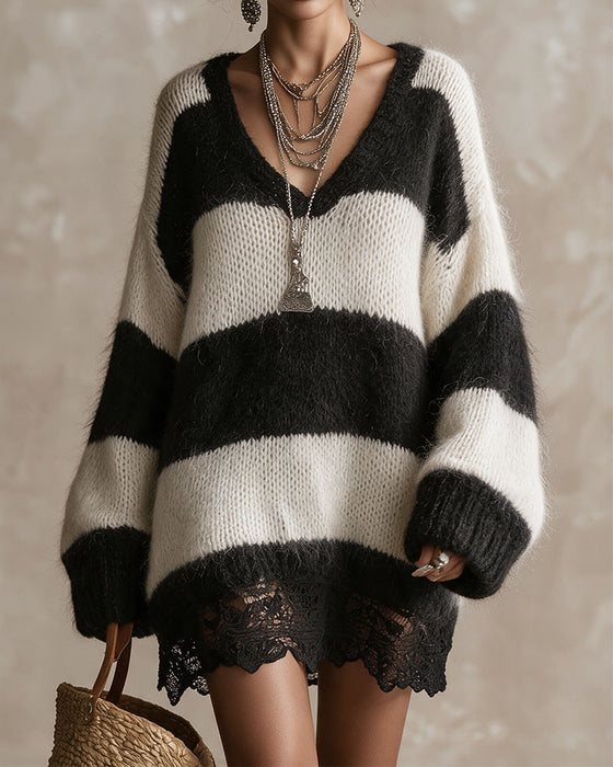V-Neck Striped Lace Patchwork Sweater Dress