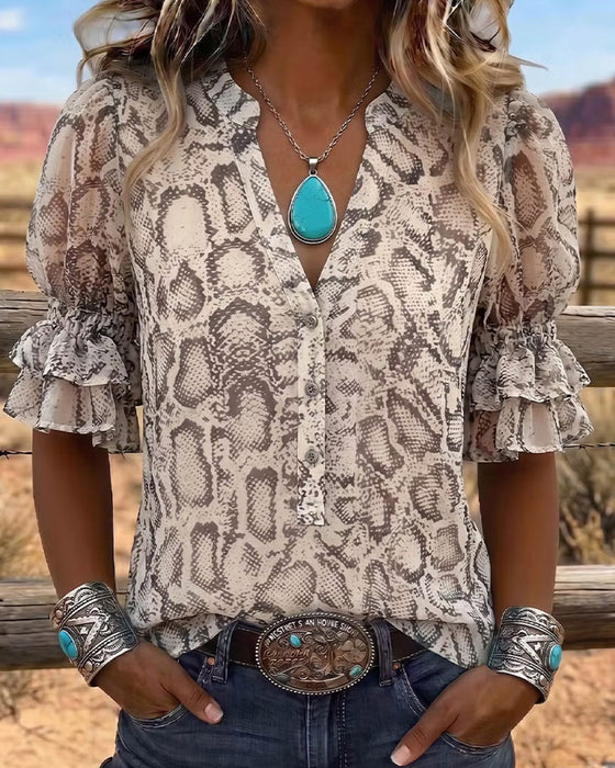 Snakeskin Pattern V-Neck Puff Sleeve Blouse