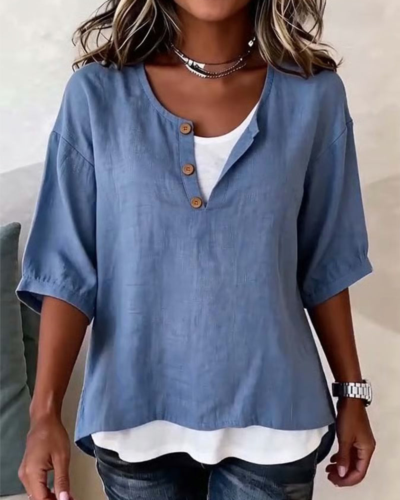 Faux Two-Piece 3/4-Sleeve Blouse