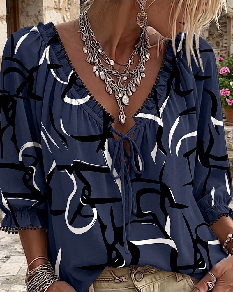 Abstract Print V-Neck Lace-Up Blouse