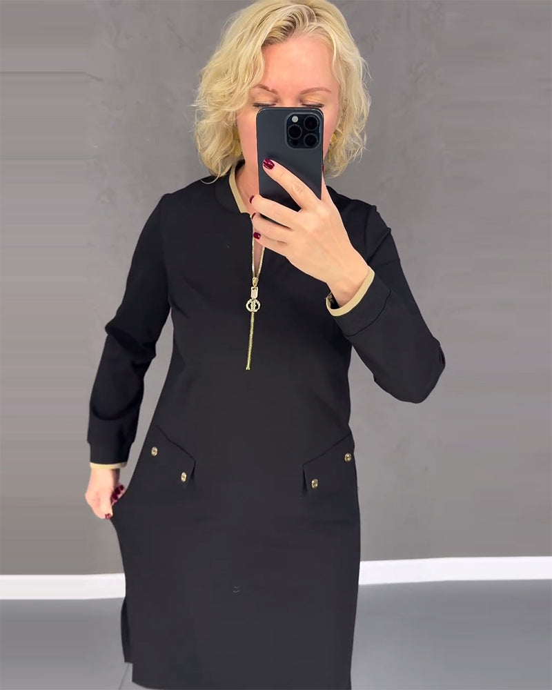 Stand collar contrast zipper shift dress