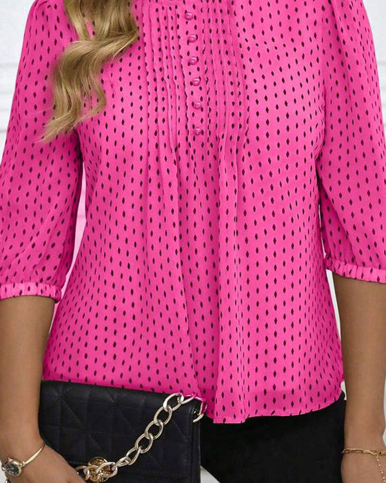 Ruffle Trim Loose Polka Dot Blouse