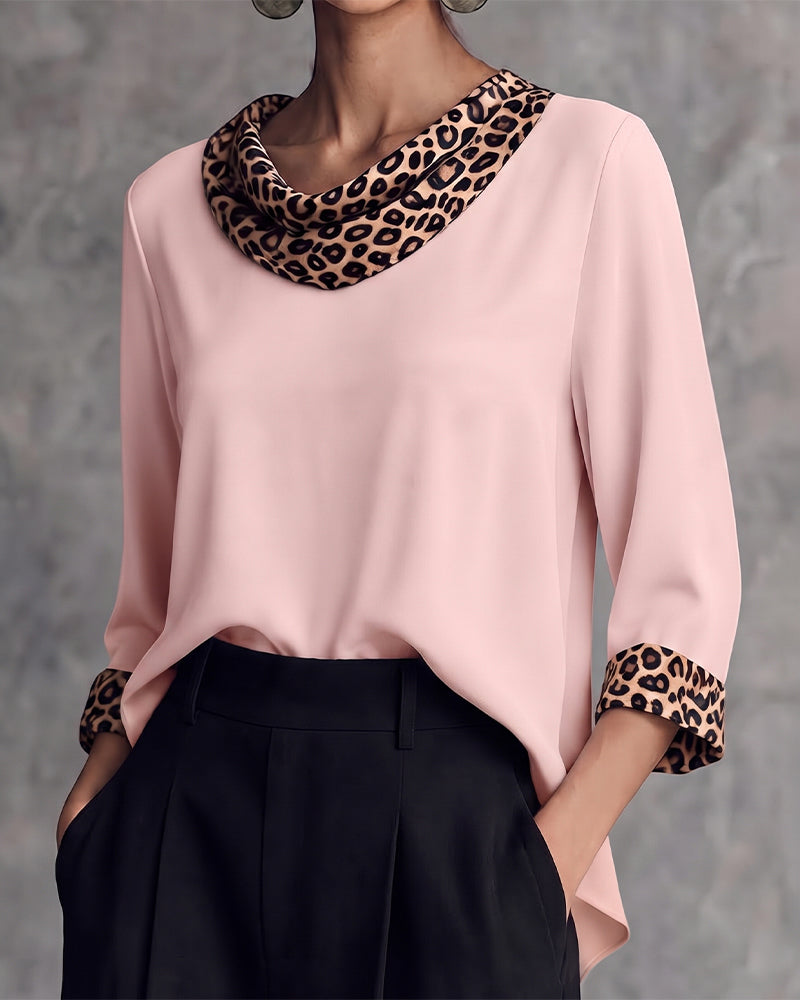 Leopard Panel Cowl Neck Elbow-Length Sleeve Blouse