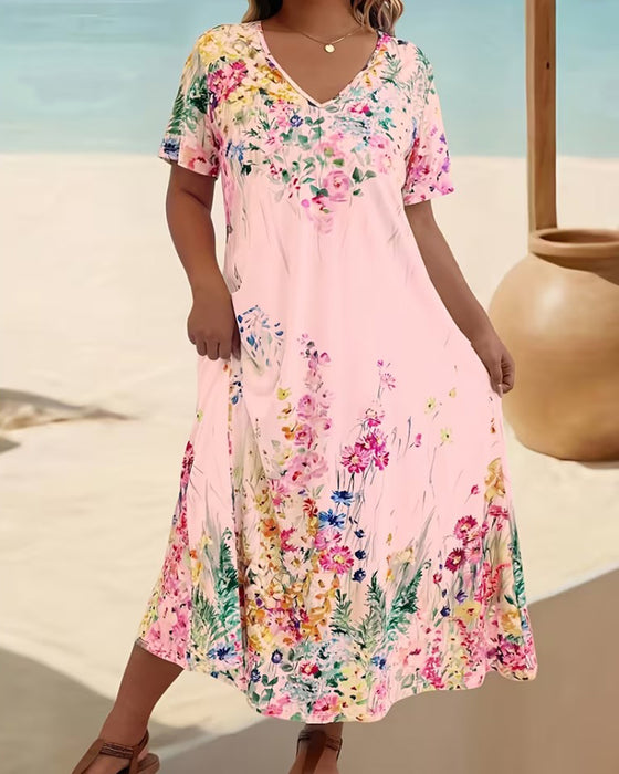 Watercolor Floral V-Neck Dress
