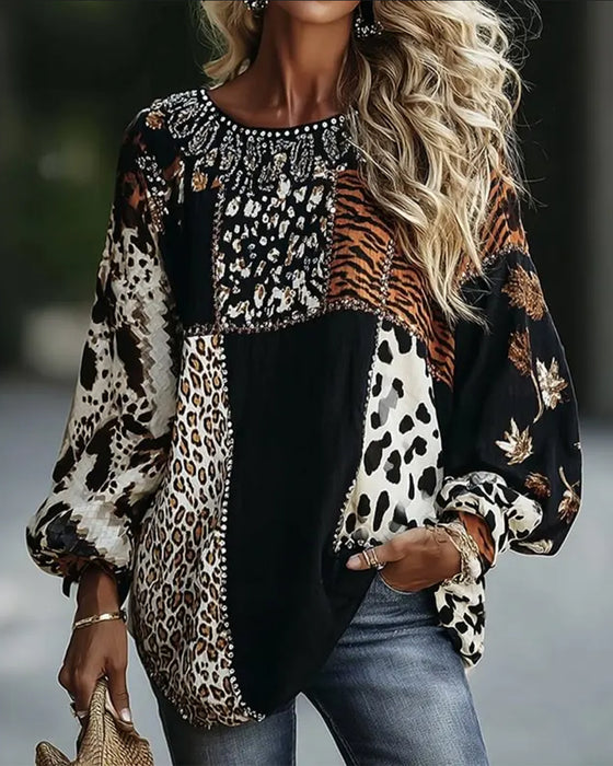 Crew Neck Leopard Tiger Print Contrast Blouse