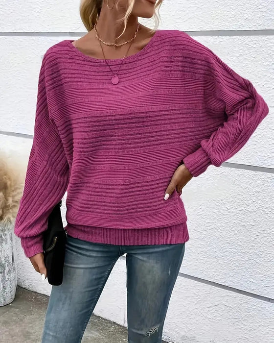 Solid Color Round Neck Long Sleeve Striped Top