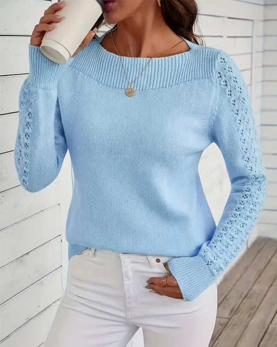 Boat Neck Hollow Out Long Sleeve Knit Pullover