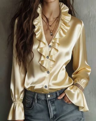 Ruffle V-Neck Button Long Sleeve Shirt