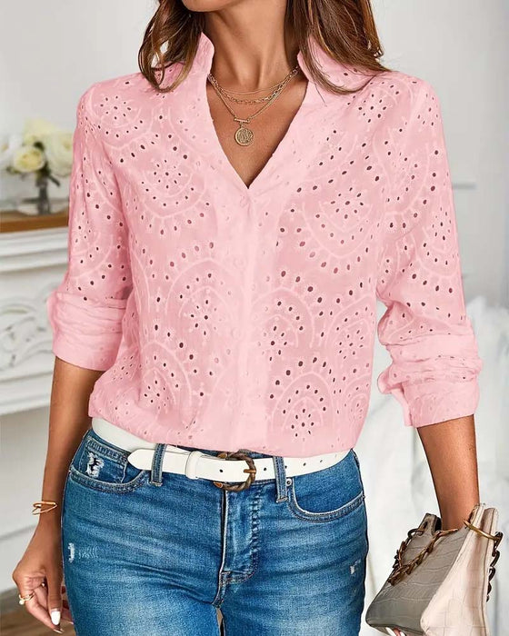 V-neck hollow solid color elegant top