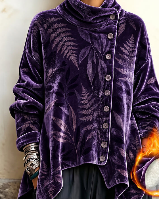 Turtleneck Button Leaf Print Top