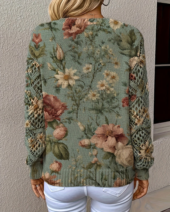 Jacquard V-Neck Hollow Long-Sleeved Pullover