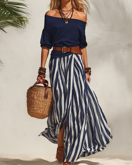 Vertical Striped Skirt Two-Piece Set