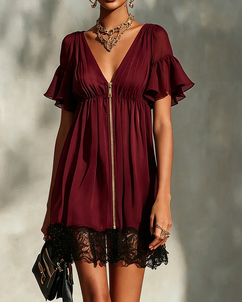 Ruffle Flare Sleeve Zipper Lace Dress
