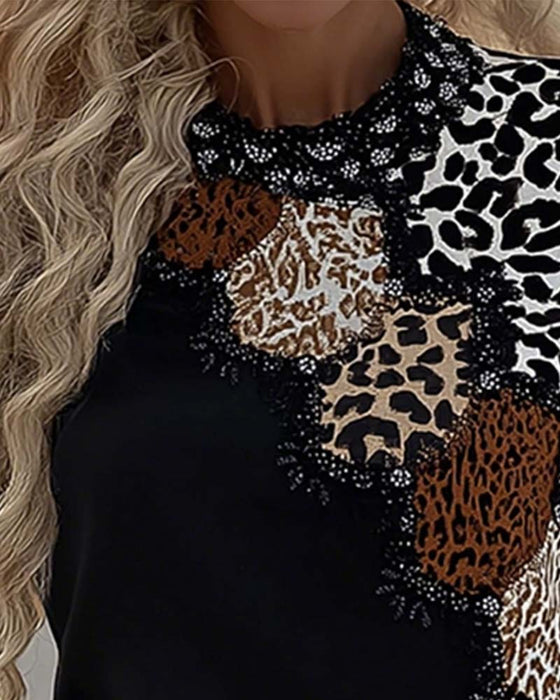 Long Sleeve Leopard Patchwork Casual Top