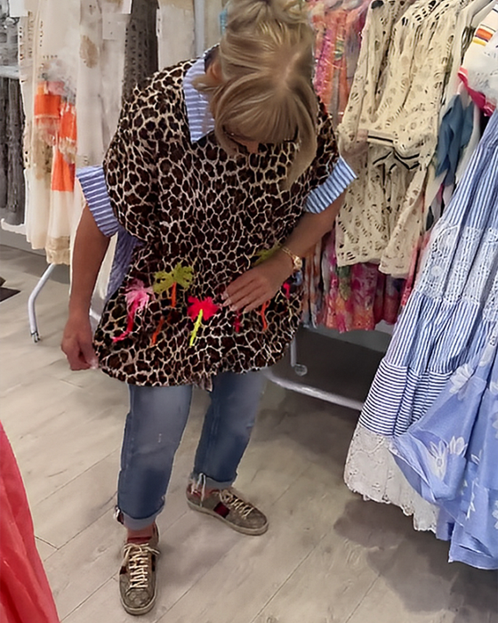 Striped Lapel Leopard Print Shirt