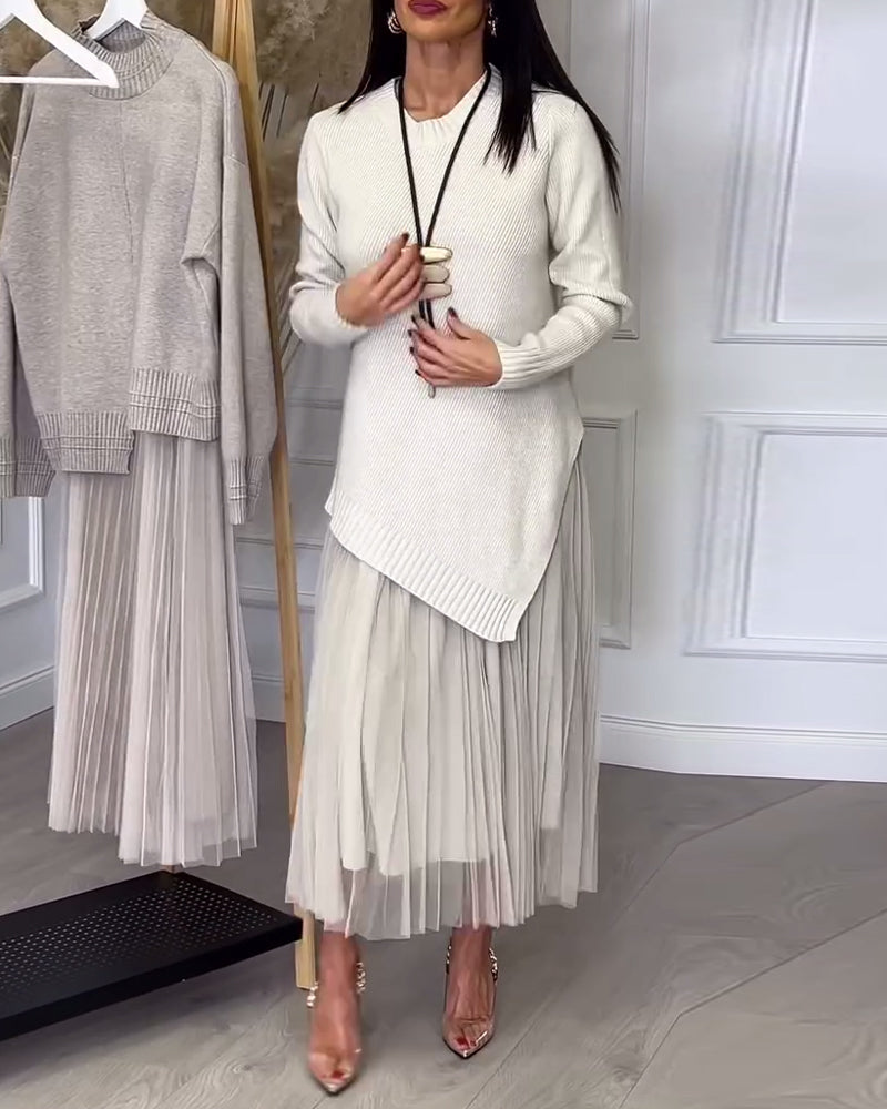 Crew Neck Irregular Pullover And Skirt Two-Piece Set