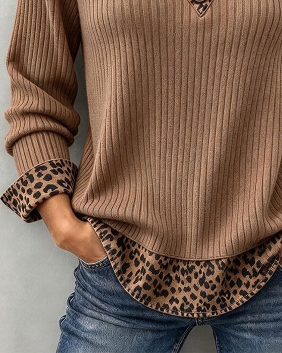 Leopard Print Patchwork Fake Two-Piece Ribbed Top