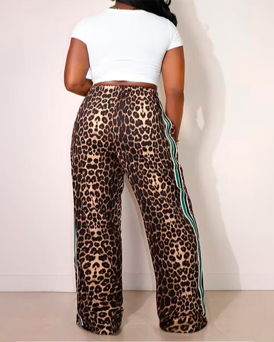 Color-Block Leopard Print Drawstring Straight-Leg Pants