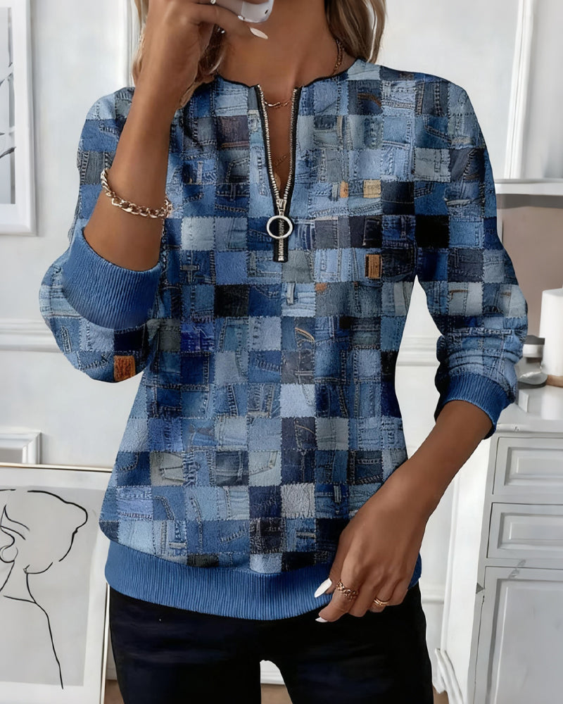 Half-Zip Collar Plaid Print Sweatshirt