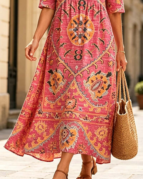 Ruffled Neck Print Flared Skirt Dress
