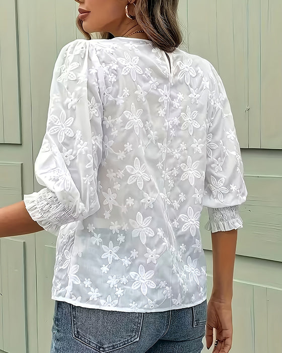 Crew Neck Puff Sleeve Three-Dimensional Floral Blouse
