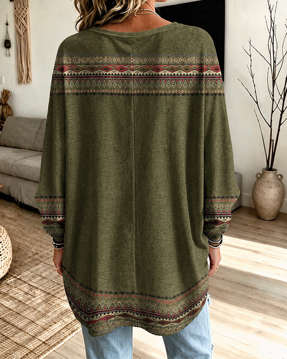 V-Neck Printed Contrasting Long-Sleeved Loose Top