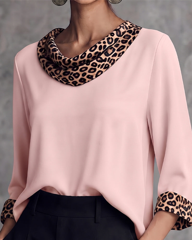 Leopard Panel Cowl Neck Elbow-Length Sleeve Blouse