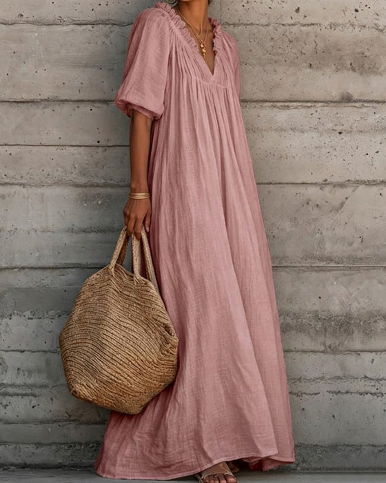 Pure White Bubble Sleeve Full Skirt Maxi Dress