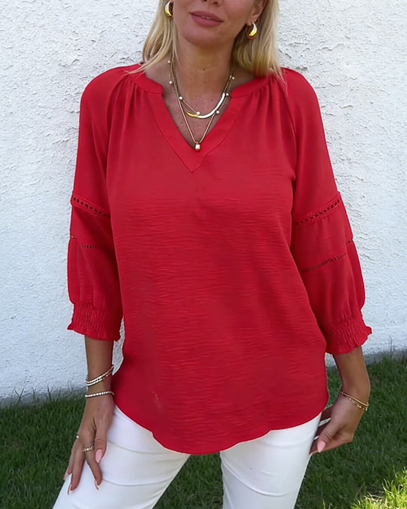 Three-Quarter Sleeve V-Neck Loose Top