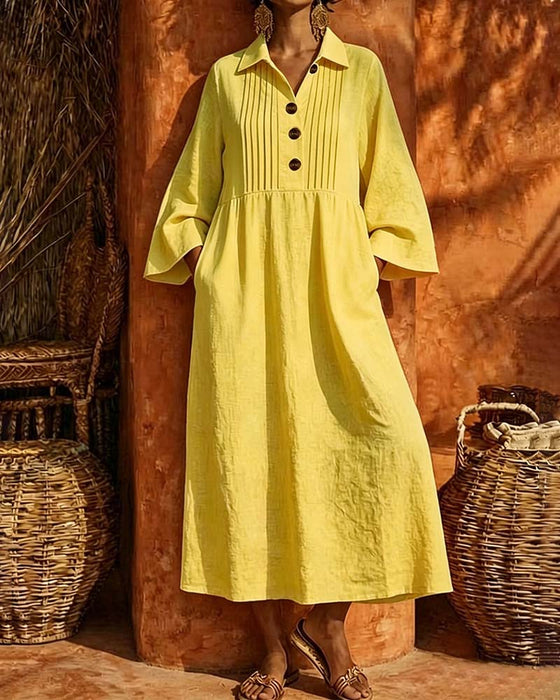 Shirt Collar Shirred Long Sleeve Dress