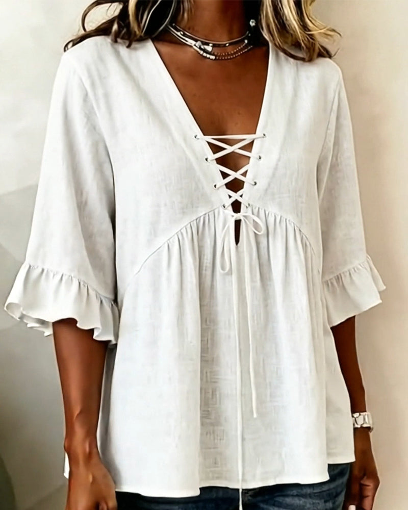 Solid V-Neck Ruffle Blouse