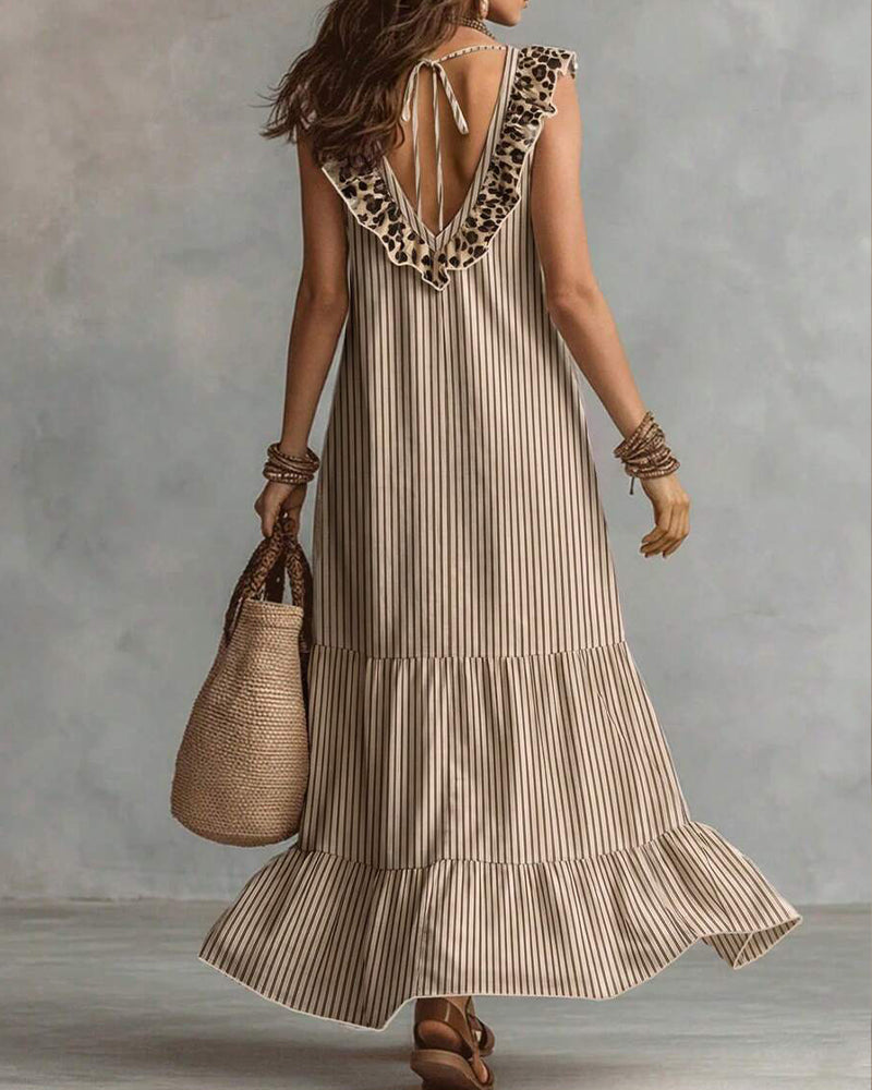 V-Neck Striped Leopard Sleeveless Tiered Dress