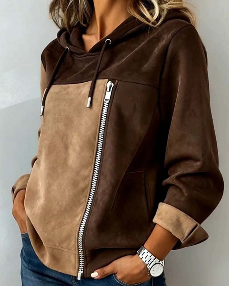 Hooded Drawstring Contrast Zipper Hoodie