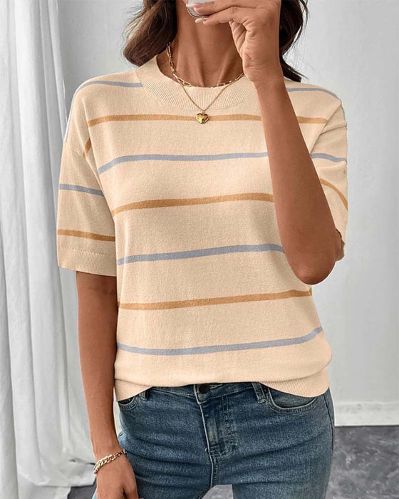 Stripe Contrast Color Short Sleeve Knit Pullover