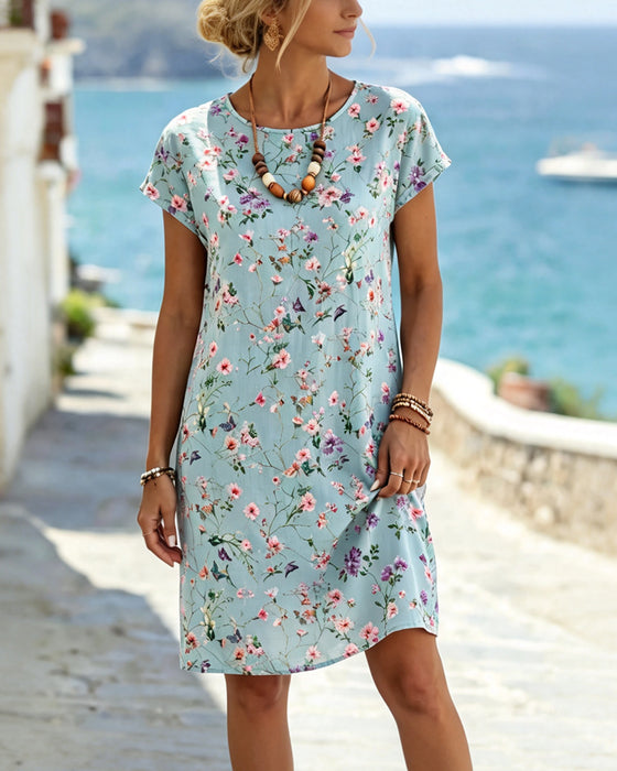 Crewneck Floral Print Short Sleeve Dress