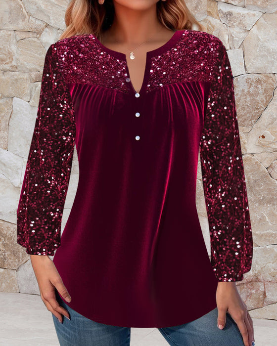 V-neck pleated sequined elegant top