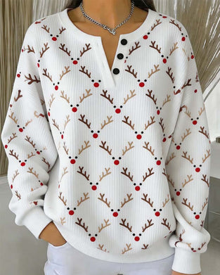 Christmas Antler Print Button Sweatshirt