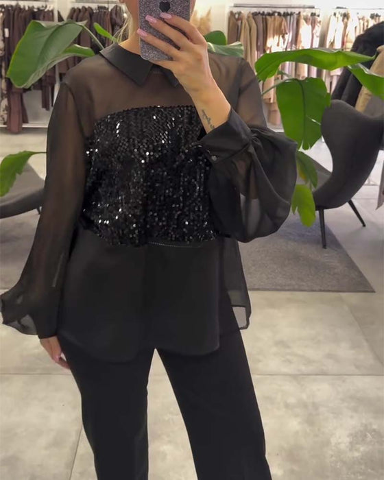 Solid Color Puff Sleeve Collar Blouse