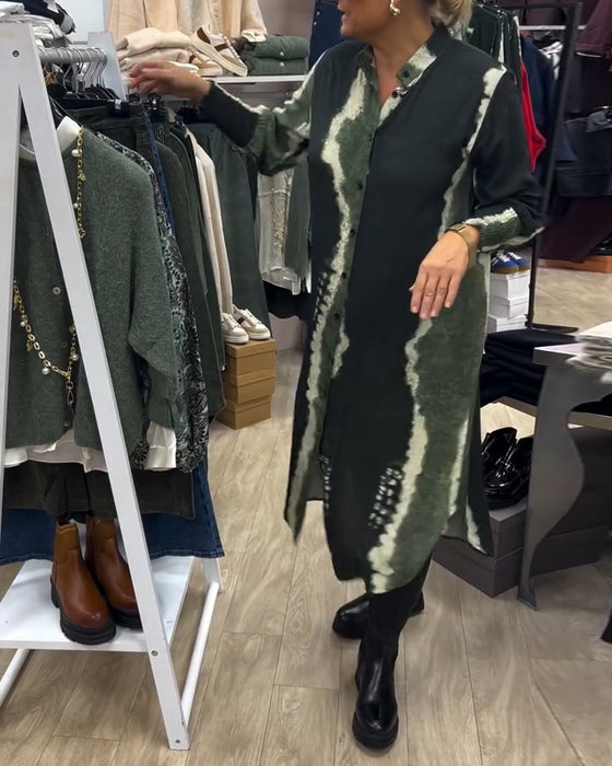 Stand collar button-down printed shirt dress