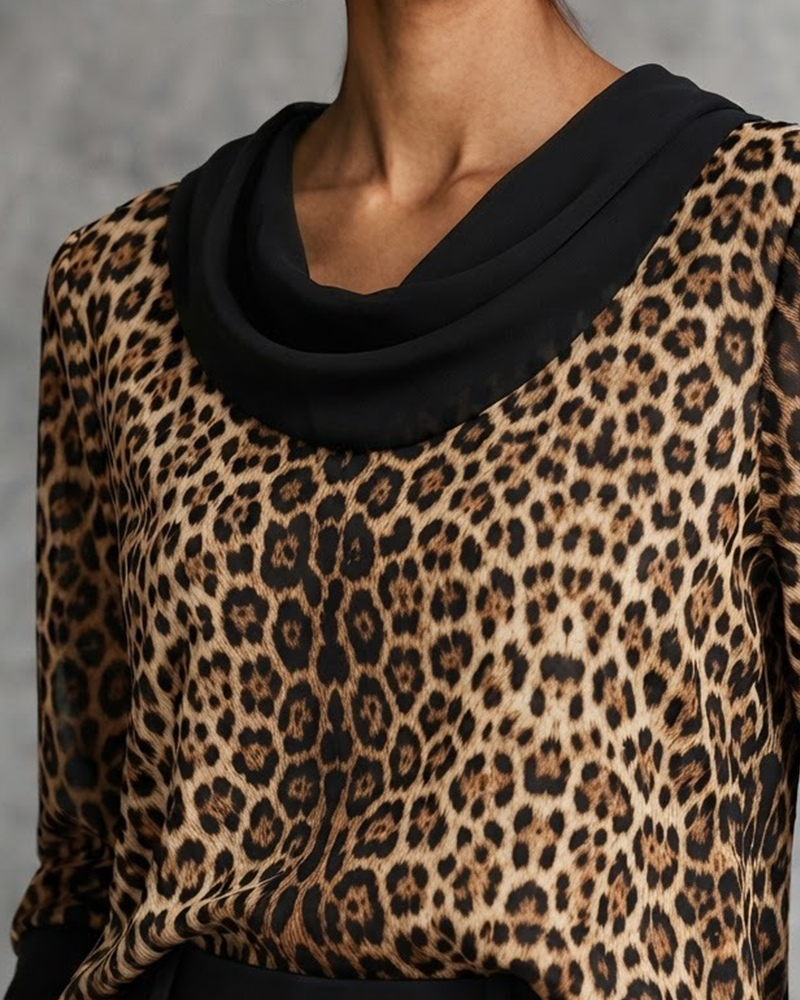 Mock Neck Leopard Elbow-Length Sleeve Blouse