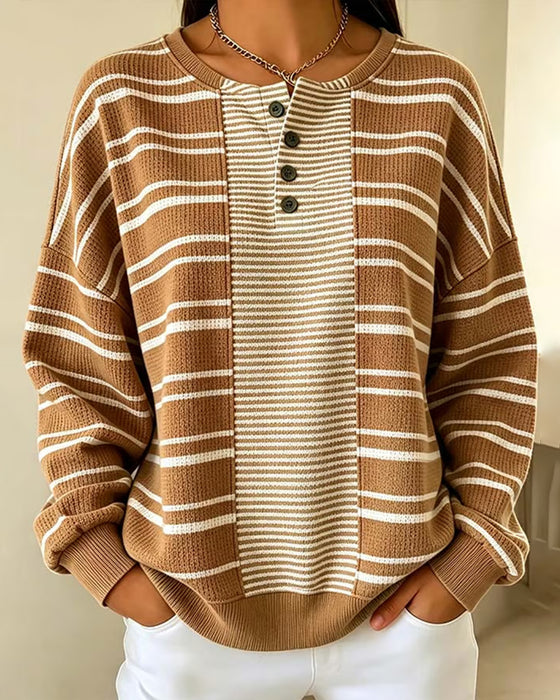 Striped Patchwork Long Sleeve Henley Sweatshirt