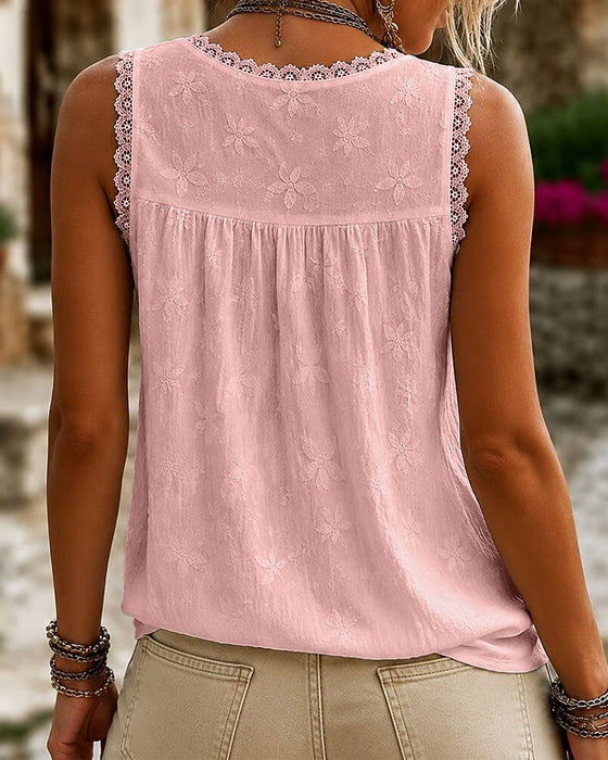 V-Neck Solid Color Lace Tank Top