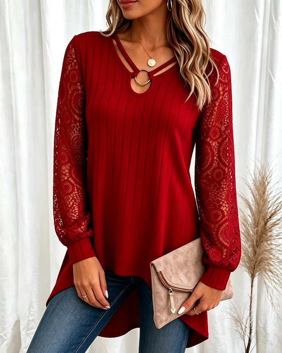 Lace-Trimmed Long-Sleeved Top
