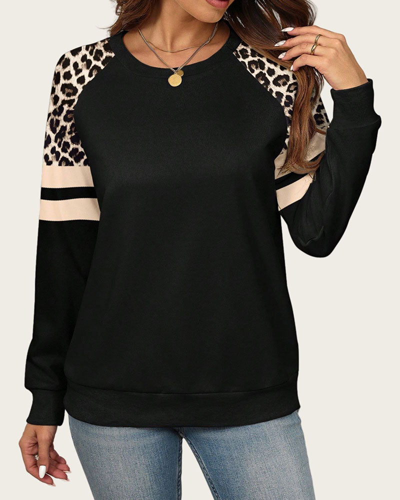 Long Sleeve Crew Neck Leopard Striped Sweatshirt