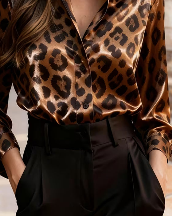 Lapel Leopard Print Long-Sleeve Draped Blouse