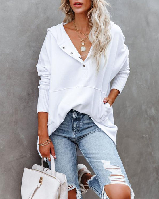 Casual V-Neck Hooded Solid Color Loose Sweatshirt