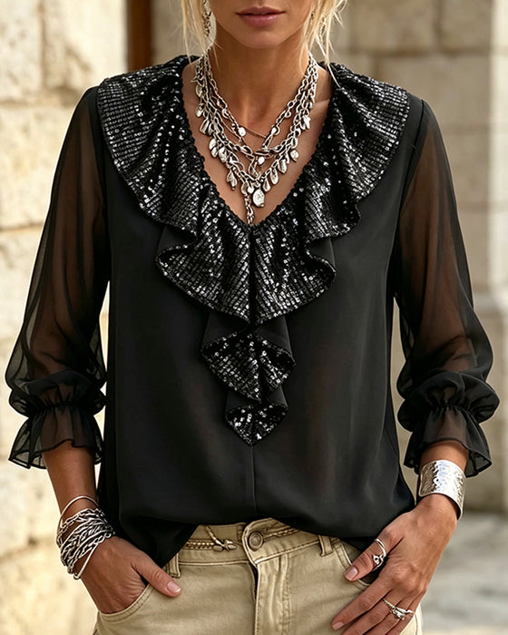 Stylish V-Neck Lace Trim Sheer Blouse