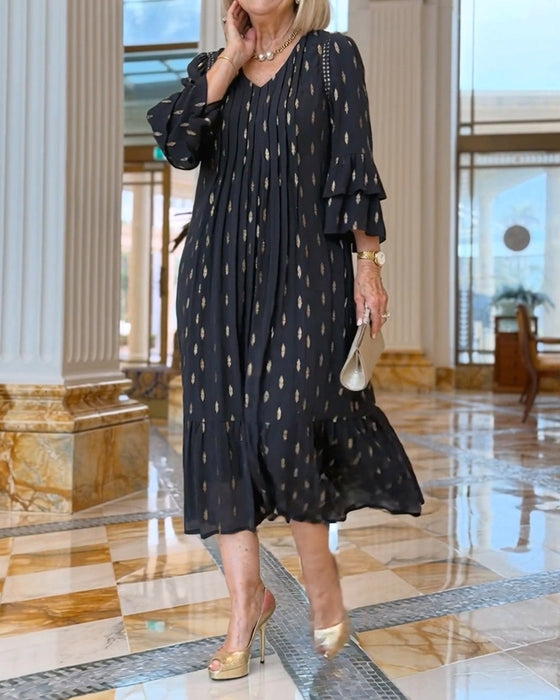 Lantern Sleeve V-Neck Print Dress