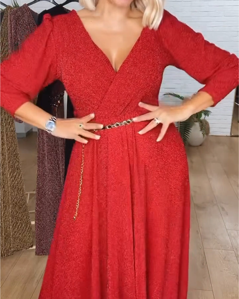 Stylish Solid Color V-Neck Dress