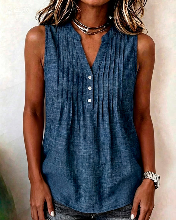 Sleeveless V-Neck Button Ruched Tank Top